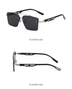 Détail de lunettes de soleil noires à double pont avec logo argenté sur la branche