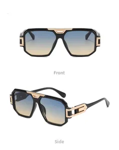 Detail view showing front and side profile of square sunglasses with gold metal accents