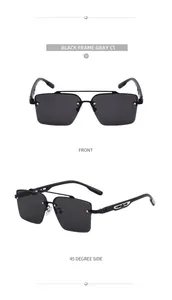 Vues de face et à 45 degrés de lunettes de soleil noires sans monture avec pont double