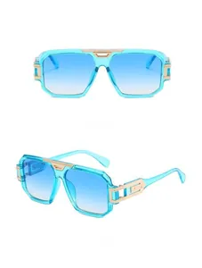 Front and side views of stylish square sunglasses with gradient lenses and metal trim