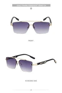 Vues de face et de profil à 45 degrés de lunettes de soleil à monture dorée et verre gris