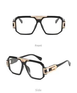 Front and side view of square black and gold fashion sunglasses with metal accents