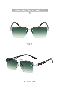 Détail de lunettes de soleil en métal argenté à double pont et verres vert dégradé