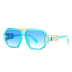 Retro square frame sunglasses with blue transparent frames and golden metal accents