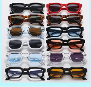 Collection of vintage thick rectangular sunglasses in twelve vibrant frame and lens colors