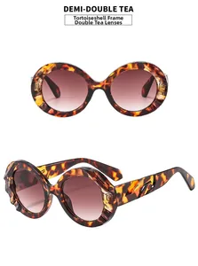 Details einer ovalen Sonnenbrille mit Schildpatt-Muster und gewellten Bügeln