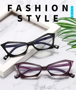 Detail of cat eye glasses frames in black and purple with anti-blue light lenses