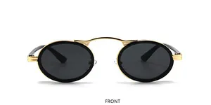 Vue de face montrant la monture ovale en métal et verres noirs de lunettes steampunk