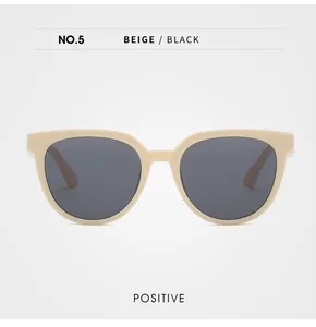 Vista frontale di occhiali da sole quadrati beige con lenti nere e design moderno
