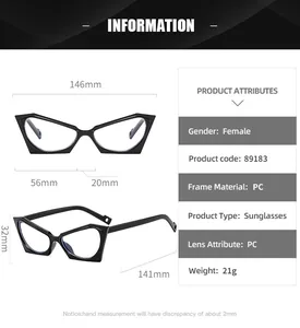 Detailed size chart of vintage cat eye glasses with precise frame dimensions in millimeters