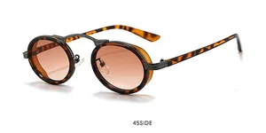 Vue détaillée à 45 degrés des lunettes de soleil steampunk ovales avec monture écaille