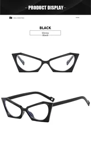 Detail of bright black geometric cat-eye frame with anti-blue light retro design