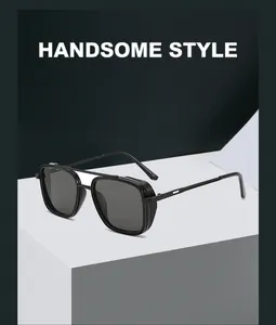Detail of square pilot sunglasses with steampunk side mesh shields and double bridge design