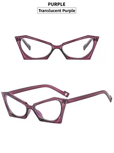 Detail view of transparent purple cat-eye frame with geometric edges and round hole temple tips