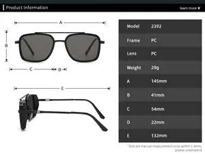 Detailed size chart for punk metal double bridge sunglasses showing frame dimensions and weight