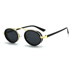 Lunettes de soleil steampunk ovale avec monture vintage en métal doré et noir