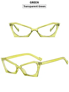 Detailed view of transparent green cat-eye glasses frames with a stylish oversized design