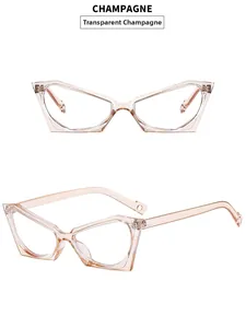 Detailed view of irregular cat eye glasses frame in transparent champagne finish