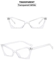 Detailed close-up of transparent cat-eye glasses frames with modern angular design