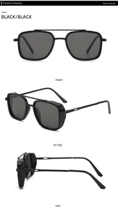 Front and side views of double-bridge punk metal sunglasses with grid texture details