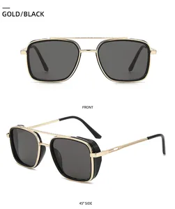 Front and side view of gold metal double bridge punk sunglasses with black mesh detail