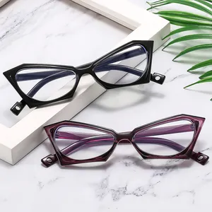 Chic cat-eye geometric glasses frames in black and translucent purple on marble