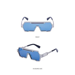 Lunettes de soleil steampunk géométriques avec monture argentée et verres bleus