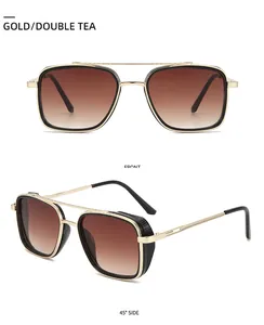 Detail view of double bridge aviator sunglasses with gold metal frame and mesh side shields