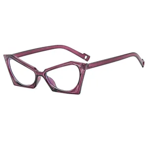 Modern transparent purple cat-eye glasses frame with geometric design on white background