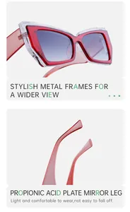 Détail de lunettes de soleil œil de chat rouge transparent avec verres bleus et branches