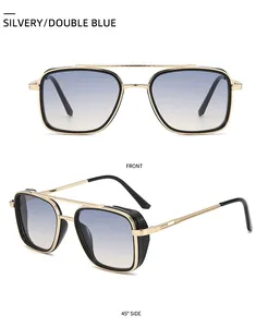 Front and 45-degree side view of double bridge punk metal aviator sunglasses