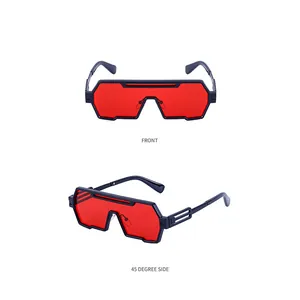 Gros plan de lunettes de soleil futuristes rouges avec monture noire sous deux angles