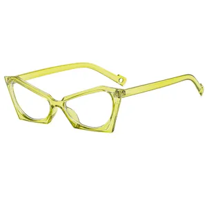 Modern cat-eye blue light blocking glasses with transparent lime green geometric frames