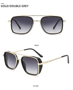 Steampunk gold metal aviator sunglasses with side mesh shields and grey gradient lenses