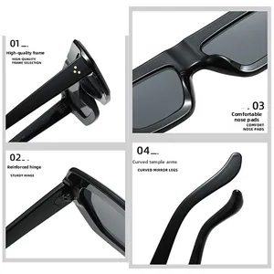 Close-up of black square sunglasses showing reinforced metal hinges and nose pads