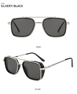 Detail view of silver punk sunglasses with double bridge and side mesh shield
