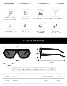 Detailed technical drawing of black geometric sunglasses with UV400 lens dimensions