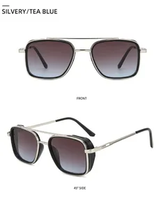Close-up of silvery punk sunglasses with tea blue gradient lenses and side shield detail