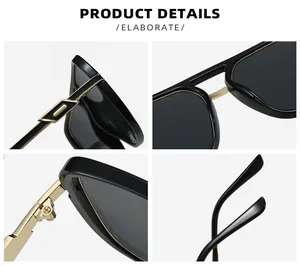 Detailed views of oversized sunglasses with black frames and gold metal hinge accents