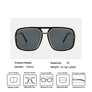 Detailed size chart for oversized metal sunglasses with frame dimensions and specifications