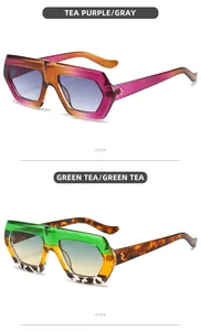 Detail view of hexagonal sunglasses frames in gradient purple and green tortoiseshell