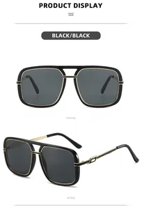 Dual-angle display of black square oversized sunglasses with gold metal frame accents
