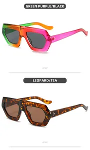 Detail view of oversized hexagonal sunglasses in gradient purple-green and leopard patterns