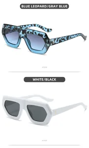 Detail view of hexagonal sunglasses with blue leopard and white frames and metal rivets