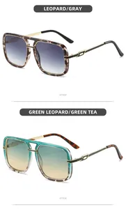 Detail of leopard and green oversized sunglasses with geometric hollow metal temples