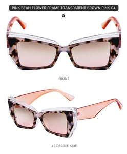 Détail de lunettes de soleil œil de chat avec cadre léopard et verres dégradés roses