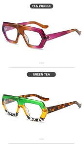 Detail view of large geometric sunglasses in tea purple and green tea gradient finishes