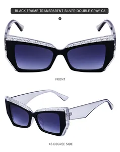 Détails de lunettes de soleil œil-de-chat avec monture pailletée et verres dégradés