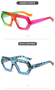 Detail view of large geometric sunglasses in gradient purple and blue leopard patterns