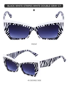 Vues détaillées de lunettes œil-de-chat avec motif zèbre et verres dégradés gris